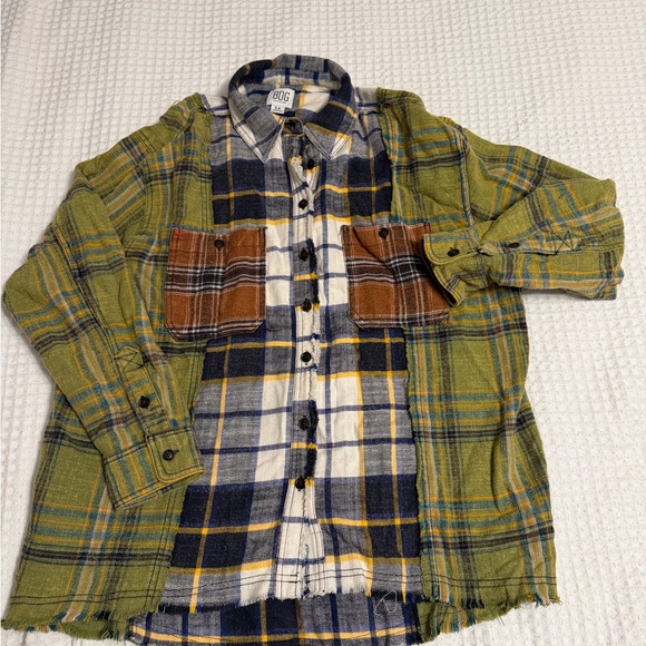 BDG Tops - BDG Plaid Flannel Shirt in Green and Blue